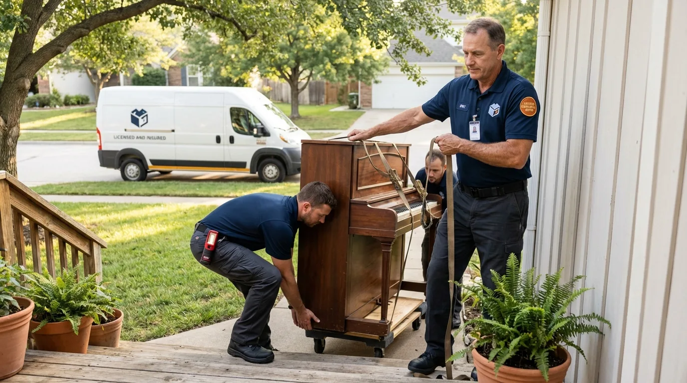 Licensed piano movers securing grand piano in San Ysidro, NM