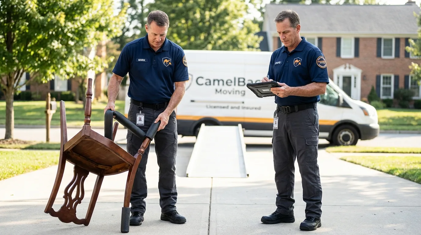Movers inspecting furniture for damage prevention before loading in San Ysidro, NM