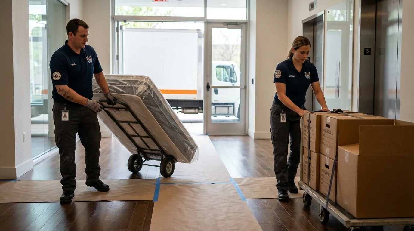 Professional apartment movers loading elevator in San Ysidro, NM