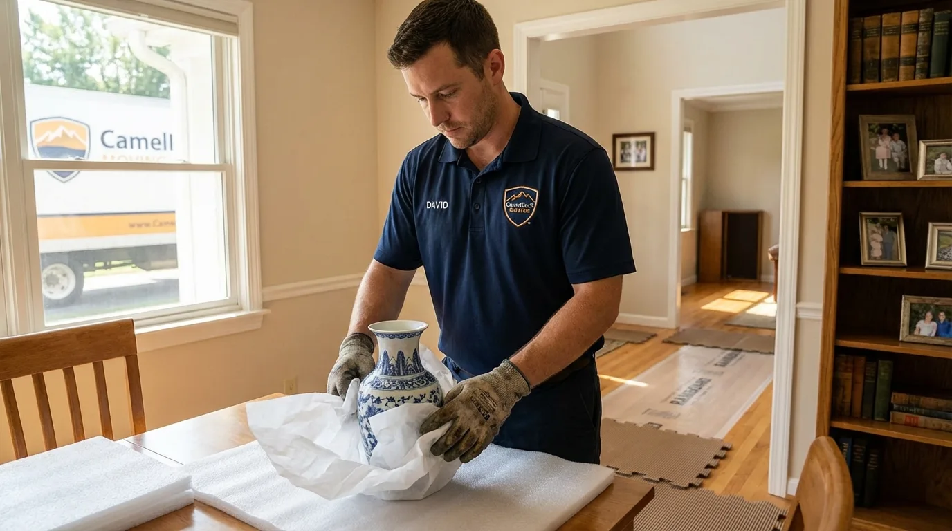Professional crew carefully wrapping antique vase for senior downsizing move in San Ysidro, NM