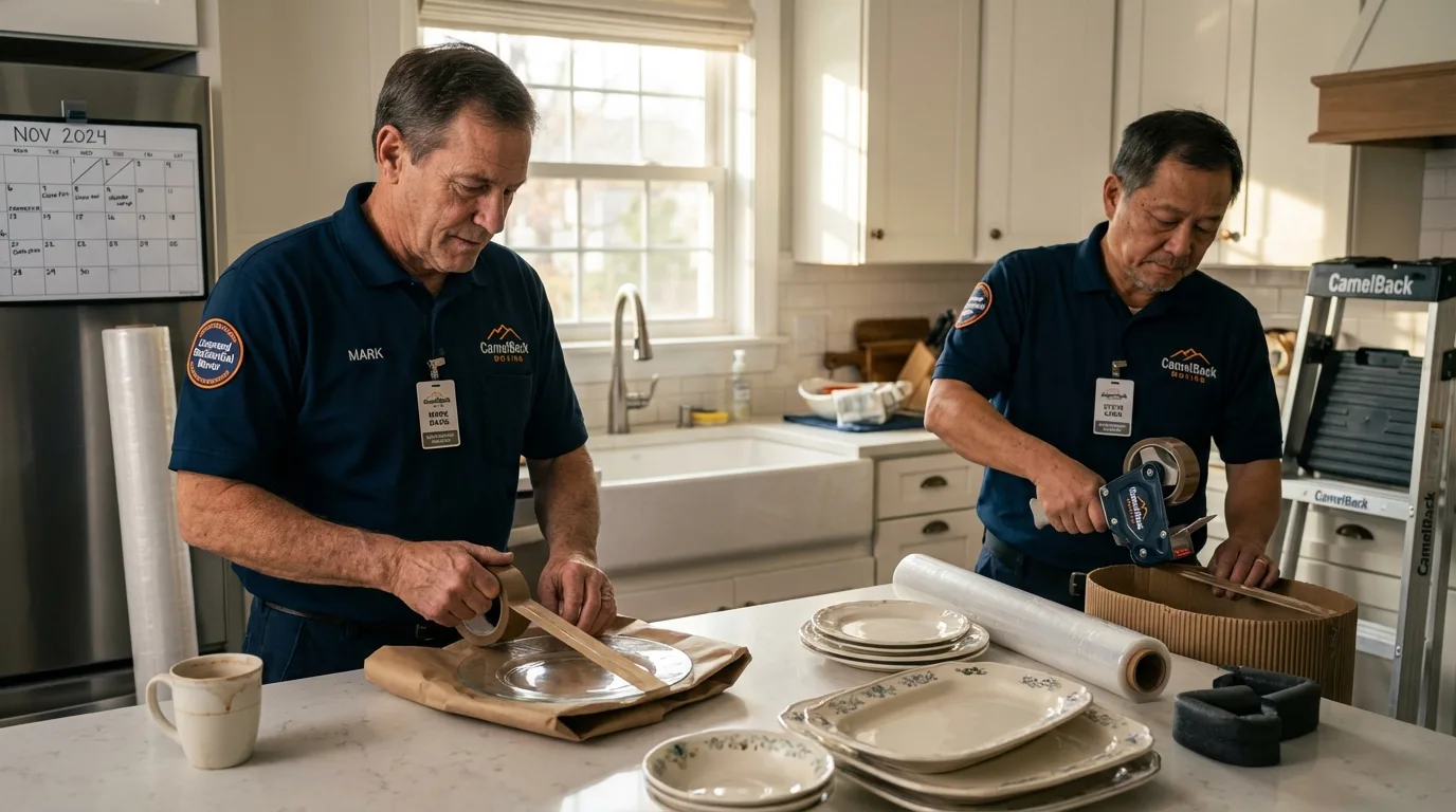 Professional crew packing kitchen dishware in San Ysidro, NM